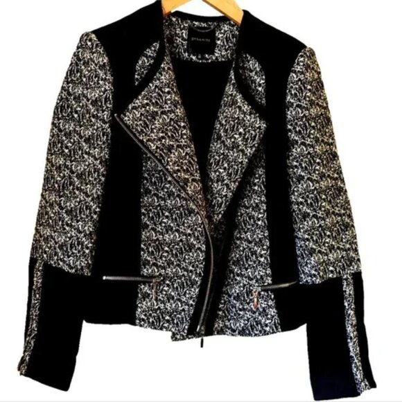 Dynamite Women's Asymmetrical Crop Moto Jacket Zip Sleeve Black & White Sleeve S - Picture 1 of 1